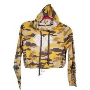 Almost Famous women's Medium yellow/gray camo mid riff Lightweight hooded top